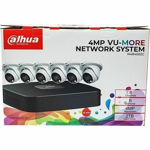Dahua N484E62C 4MP Basic Night Color (VU-More Color) Security System, Includes (6) 4MP Fixed Eyeball IP Cameras and (1) 4K 8-Channel NVR (Replaces N484E62B)